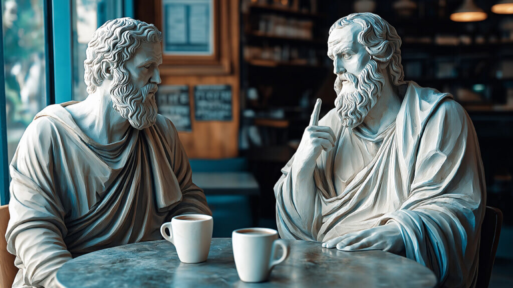 Philosophers discuss ideas over coffee