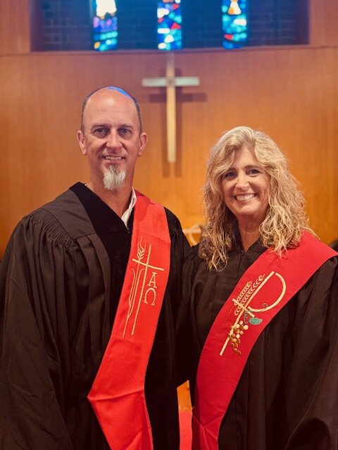 Ann Clark at her ordination as a Deacon in the GMC, with fellow ordinand Chris Eason, both WBS students.